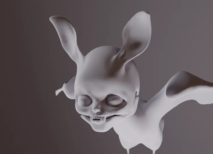 3d sculpture of creepy cartoon, featherless chicken kind of body, big ears and visible teeth, giant eyes, pre-rendered